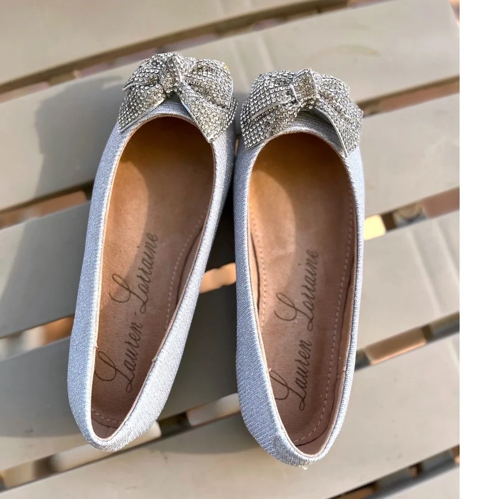 Lauren‎ Lorraine Silver Glitter Rhinestone Bow Ballet Flats Kids Size 10.5 NWB